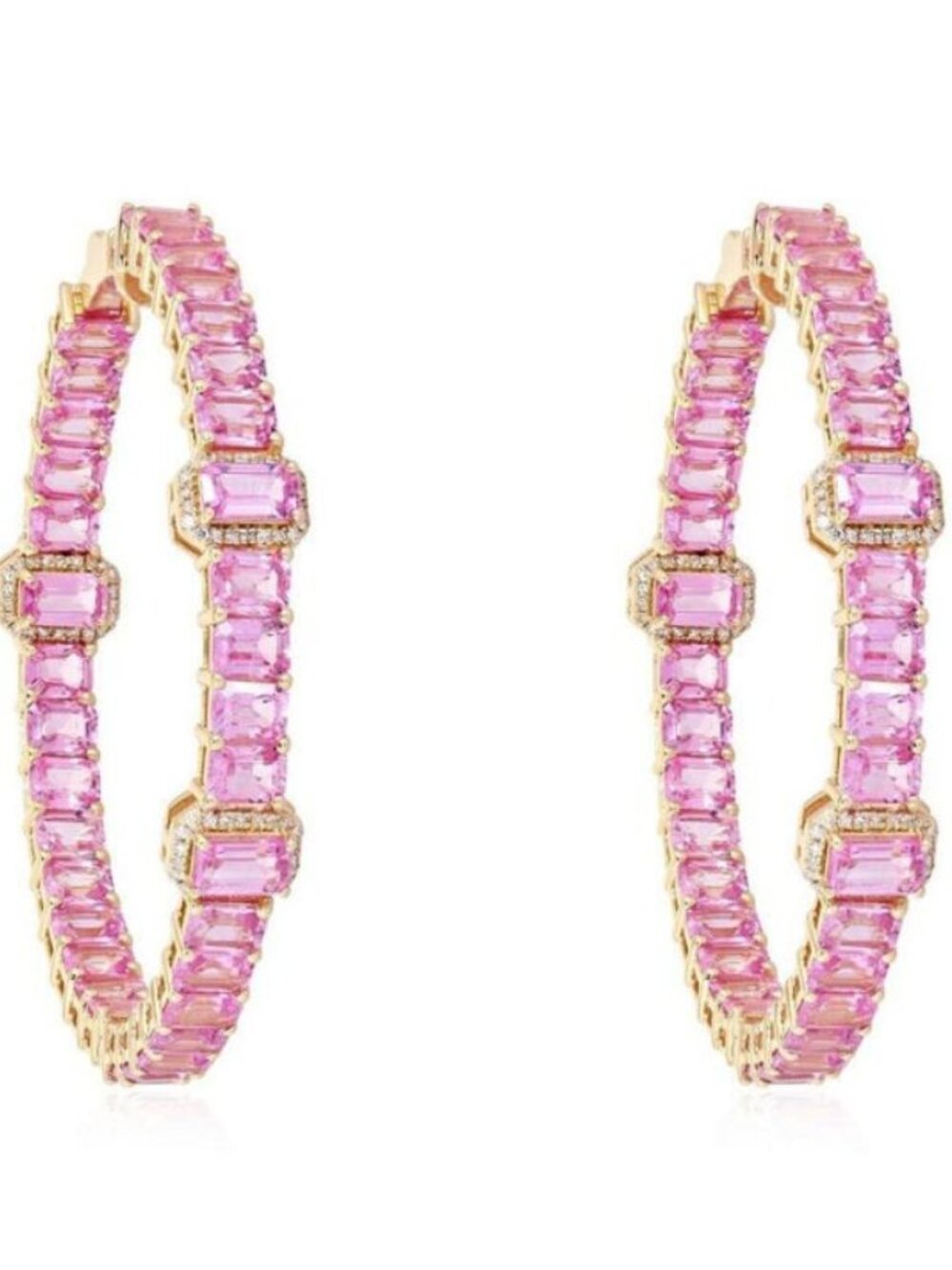 Starry Pink 14K Yellow Gold Diamond Hoops Earrings